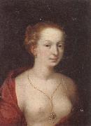 A Young girl in a state of undress,wearing a burgundy mantle,and a gold chain and pendant, unknow artist